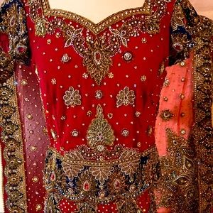 Red and blue heavy embroidered lengha (3 pieces)
